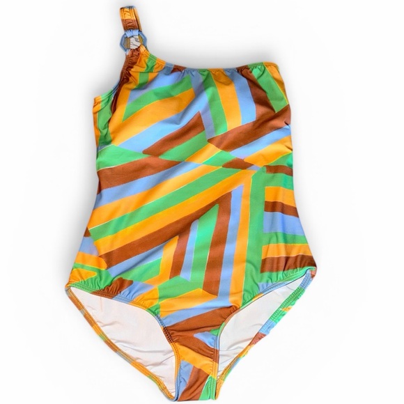 Shoshanna One-Shoulder Stripe Ring-Detail Swimsuit in Pastel Multi - Picture 3 of 7